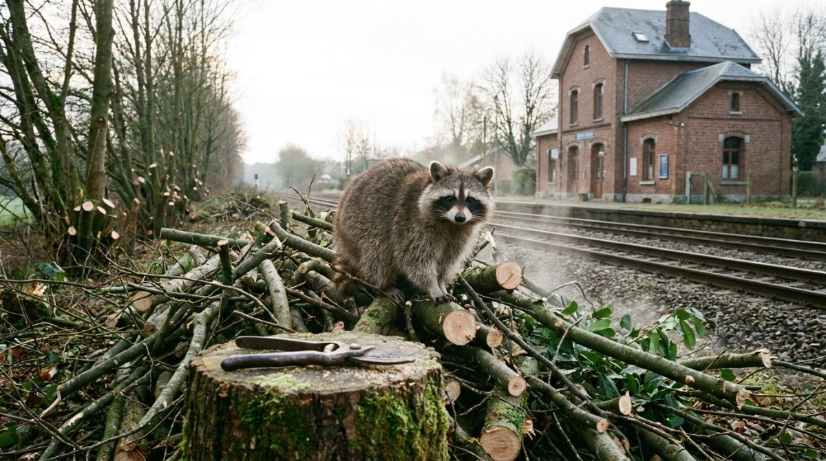 Text kürzen wie beim Gehölzschnitt: Waschbär auf frisch geschnittenen Ästen an der Bahnstrecke, daneben eine Gartenschere