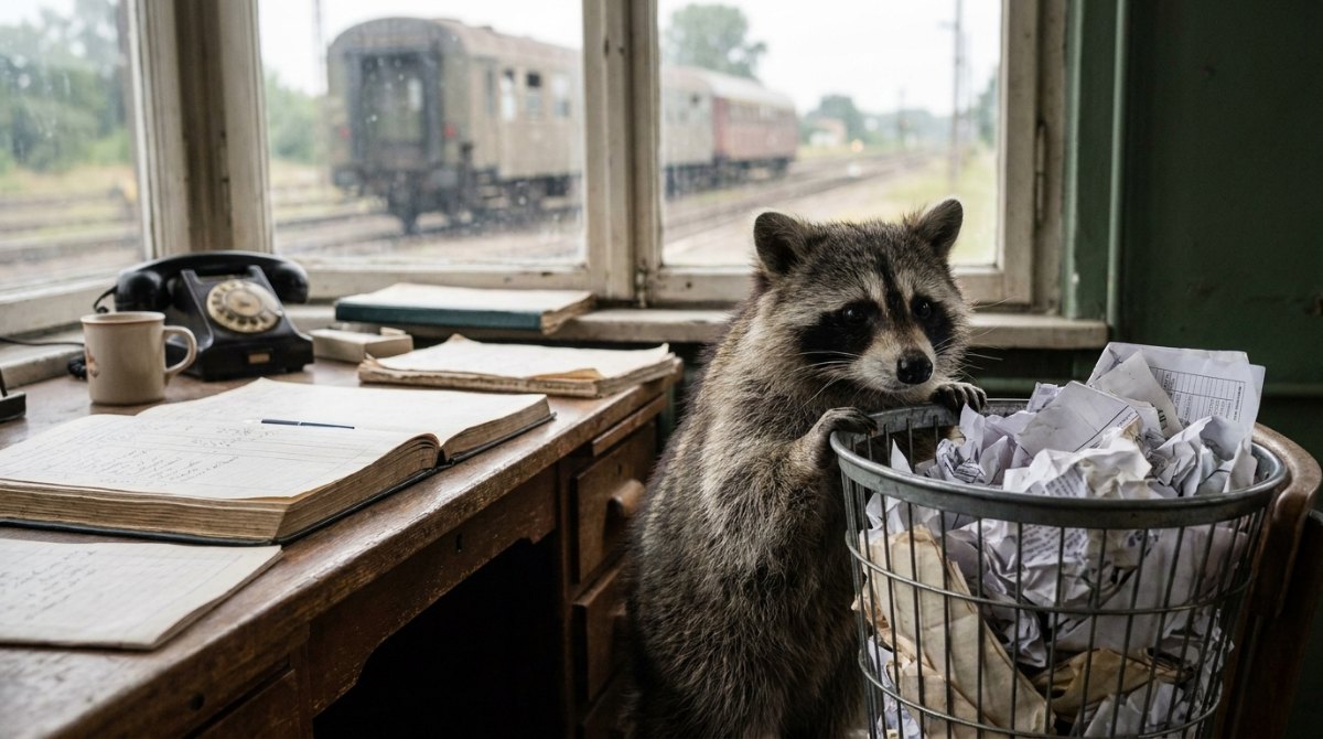 Text kürzen: Waschbär am vollen Papierkorb neben dem Schreibtisch im alten Bahnhofsbüro
