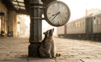 Wie lang darf ein Poetry-Slam-Text sein: ein Waschbär sitzt unter einer Bahnsteiguhr und schaut zu ihr hoch