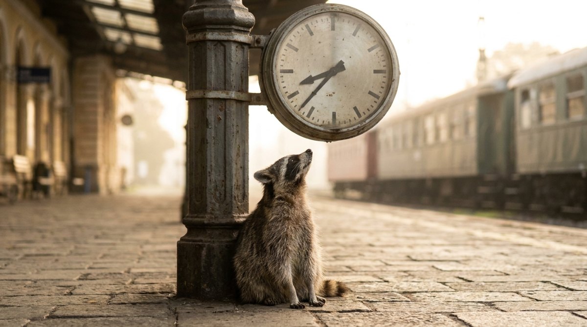 Wie lang darf ein Poetry-Slam-Text sein: ein Waschbär sitzt unter einer Bahnsteiguhr und schaut zu ihr hoch