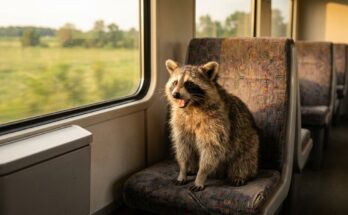 Waschbär auf einem Sitz im leeren Regionalzug, als würde er laut vorlesen – Text laut lesen