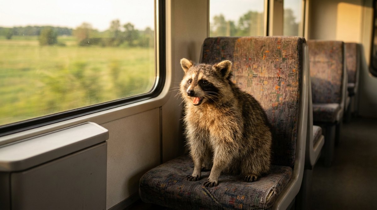 Waschbär auf einem Sitz im leeren Regionalzug, als würde er laut vorlesen – Text laut lesen