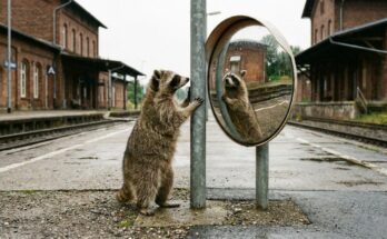 Text selbst prüfen: ein Waschbär betrachtet sich am Bahnsteigende in einem runden Verkehrsspiegel