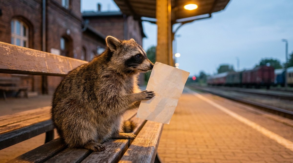 Ein Waschbär sitzt in der Dämmerung auf einer Bahnsteigbank und betrachtet ein Blatt Papier ganz aus der Nähe
