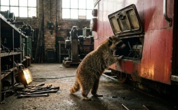 Waschbär schaut in die offene Motorklappe eines alten Triebwagens – wenn der Text nicht zündet, hilft die Diagnose