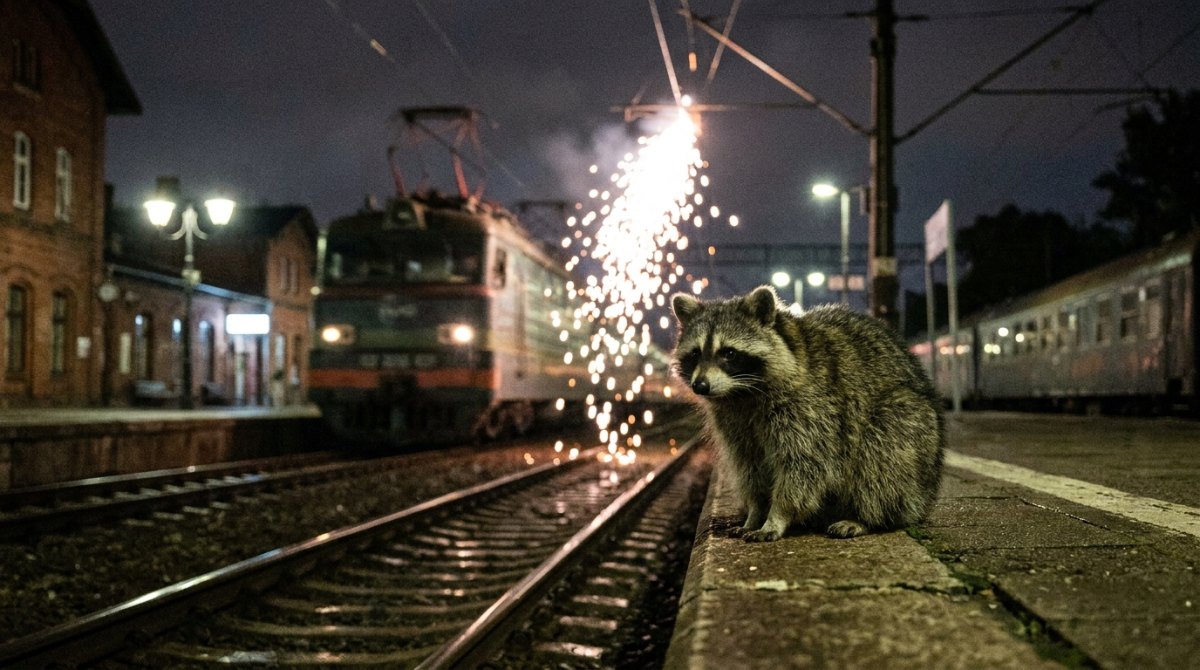 Waschbär am Bahnsteig unter Funken am Fahrdraht – der Moment, in dem ein Text zündet