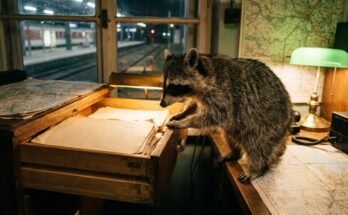Themen finden: Waschbär schaut in eine offene Schreibtischschublade im Bahnhofsbüro