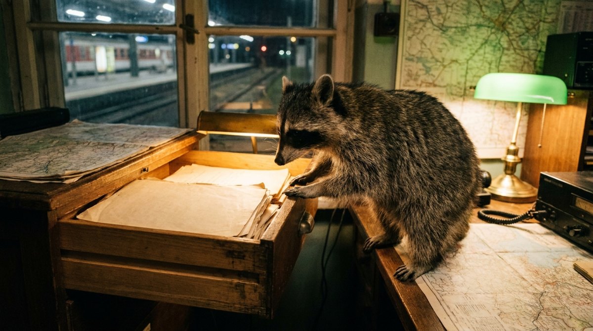 Themen finden: Waschbär schaut in eine offene Schreibtischschublade im Bahnhofsbüro