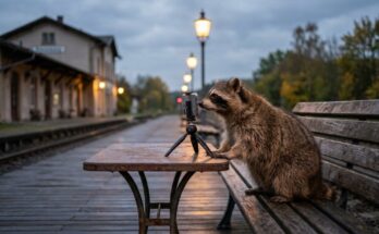 Waschbär vor einem Handy im Hochformat auf einem Bahnsteig – TikTok für Slammer