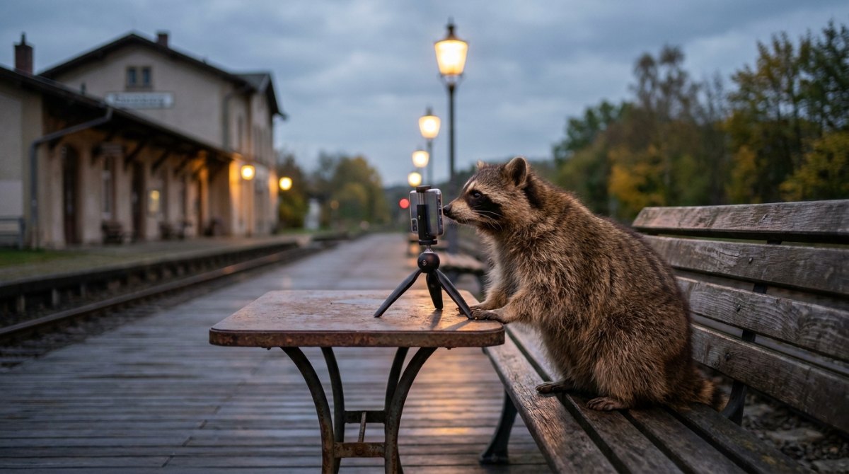Waschbär vor einem Handy im Hochformat auf einem Bahnsteig – TikTok für Slammer