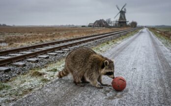 Tipps für Poetry Slam: Ein Waschbär mit einer roten Boßelkugel auf einer Landstraße neben der Bahnlinie in Ostfriesland