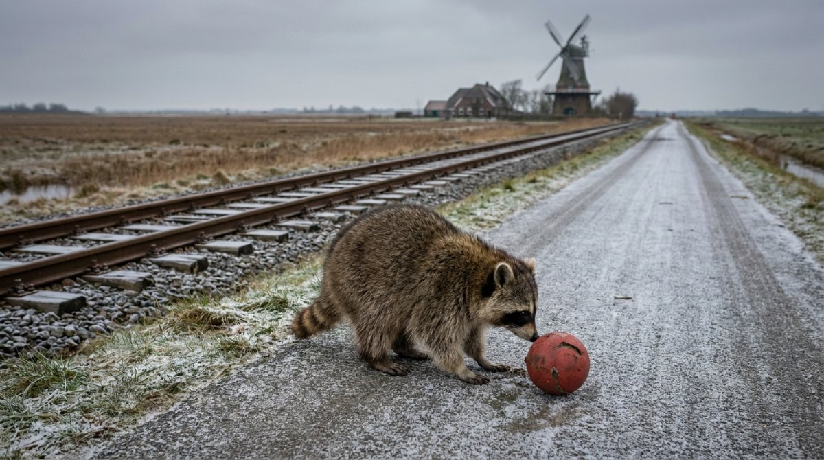 Tipps für Poetry Slam: Ein Waschbär mit einer roten Boßelkugel auf einer Landstraße neben der Bahnlinie in Ostfriesland