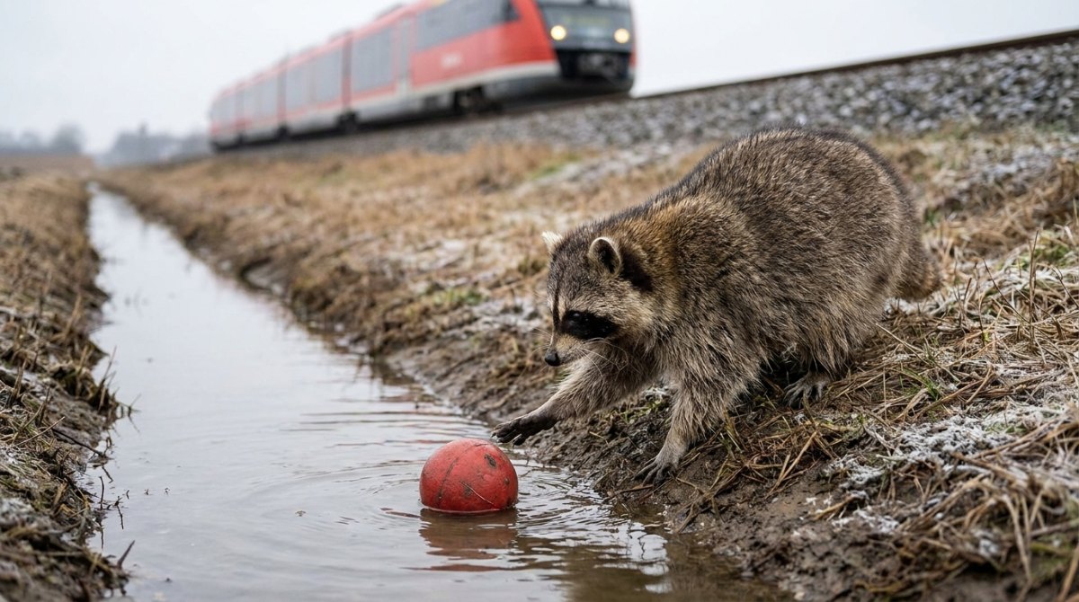 Tipps für Poetry Slam: Ein Waschbär fischt eine Kugel aus dem Graben neben dem Bahndamm