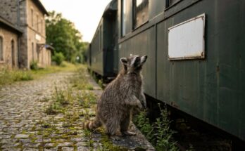 Waschbär schaut am Bahnsteig zu einem leeren Namensschild am alten Personenwagen hoch – Titel finden