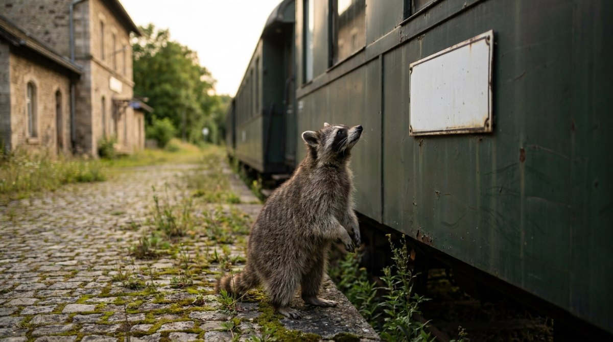 Waschbär schaut am Bahnsteig zu einem leeren Namensschild am alten Personenwagen hoch – Titel finden