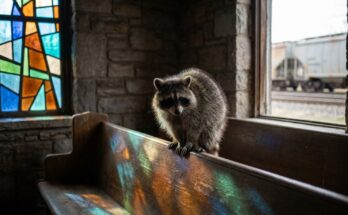 Waschbär auf einer Kirchenbank im bunten Licht eines Bleiglasfensters, draußen ein Güterzug – die Todsünden im Slam-Text