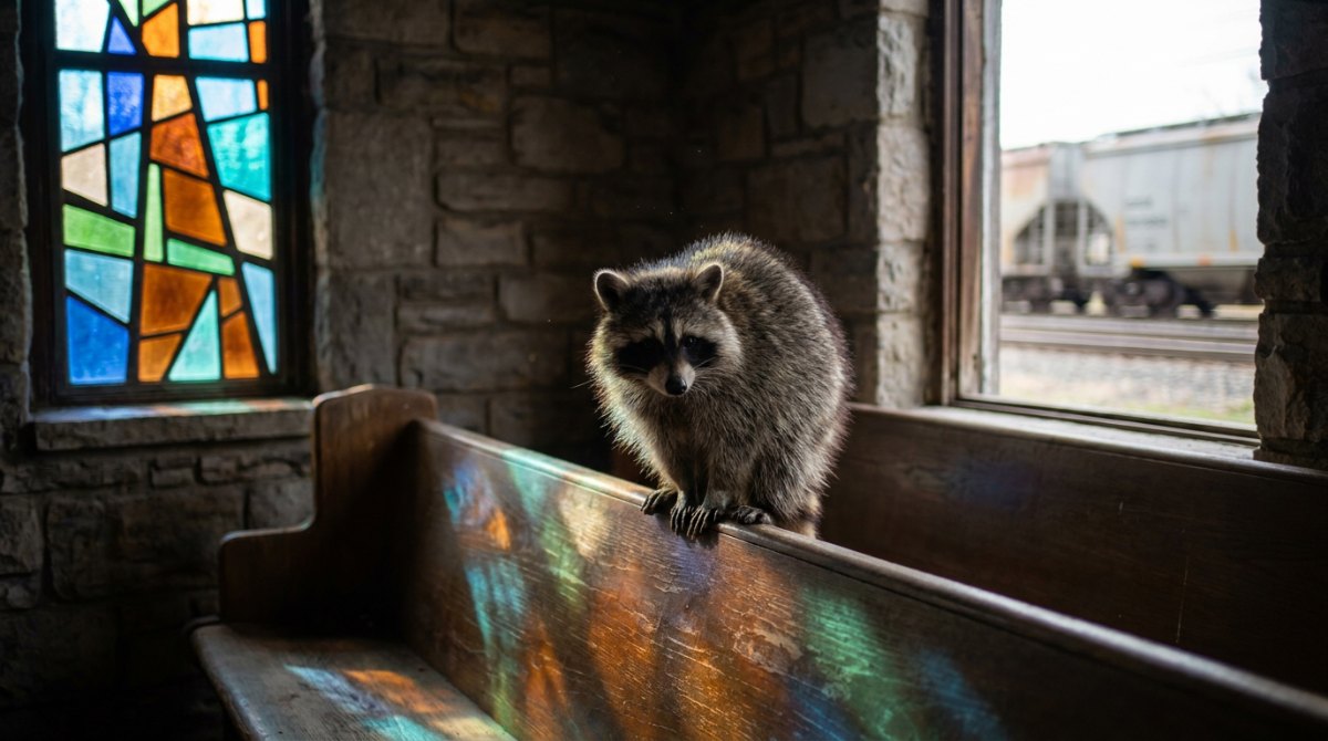 Waschbär auf einer Kirchenbank im bunten Licht eines Bleiglasfensters, draußen ein Güterzug – die Todsünden im Slam-Text