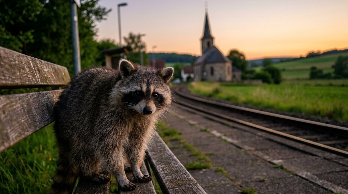 Waschbär auf einer Bank an einem kleinen Haltepunkt, dahinter eine Dorfkirche im Abendlicht – Todsünden im Slam-Text ablegen