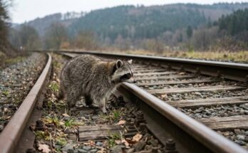 Poetry Slam über Toleranz: ein Waschbär steht auf einem Gleis, neben dem ein Gleis mit anderer Spurweite verläuft