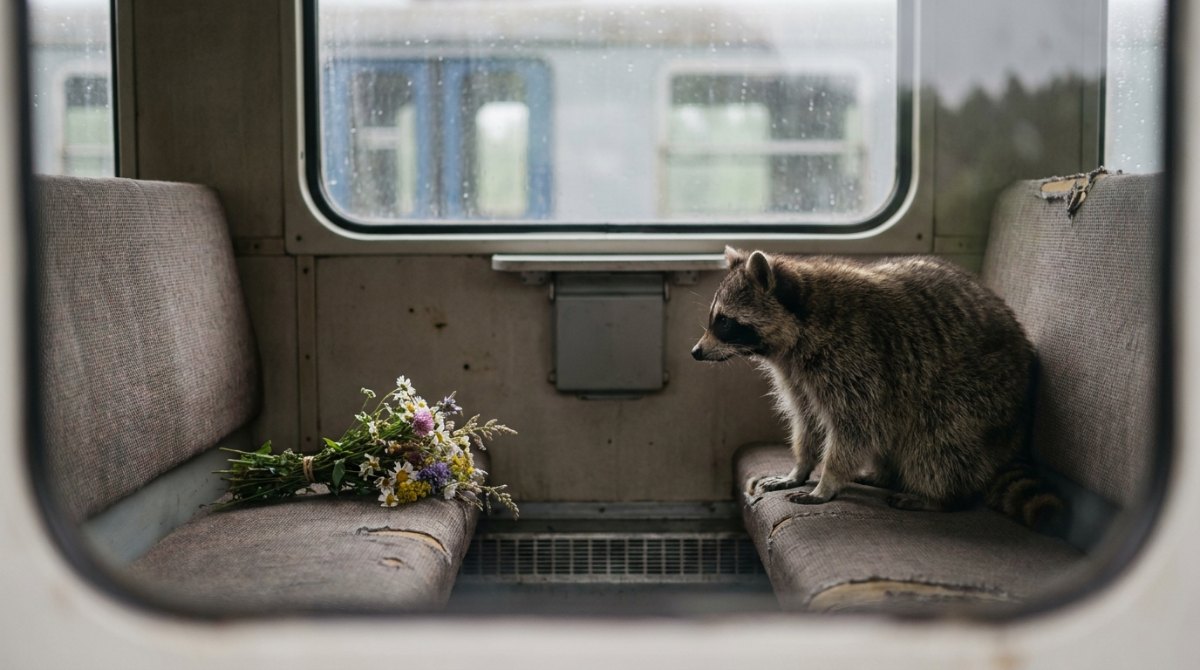Poetry Slam über Trauer: ein Waschbär sitzt im Zug gegenüber einem leeren Platz mit einem Wiesenblumenstrauß