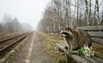 Waschbär auf einer Bahnsteigbank neben weißen Blumen im Morgennebel – eine Trauerrede schreiben