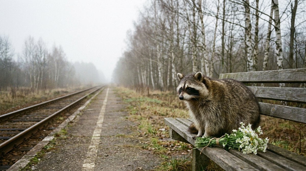 Waschbär auf einer Bahnsteigbank neben weißen Blumen im Morgennebel – eine Trauerrede schreiben