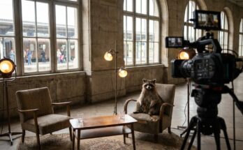 Waschbär im Sessel einer Talkshow im alten Bahnhofswartesaal – Streitfrage Triggerwarnung
