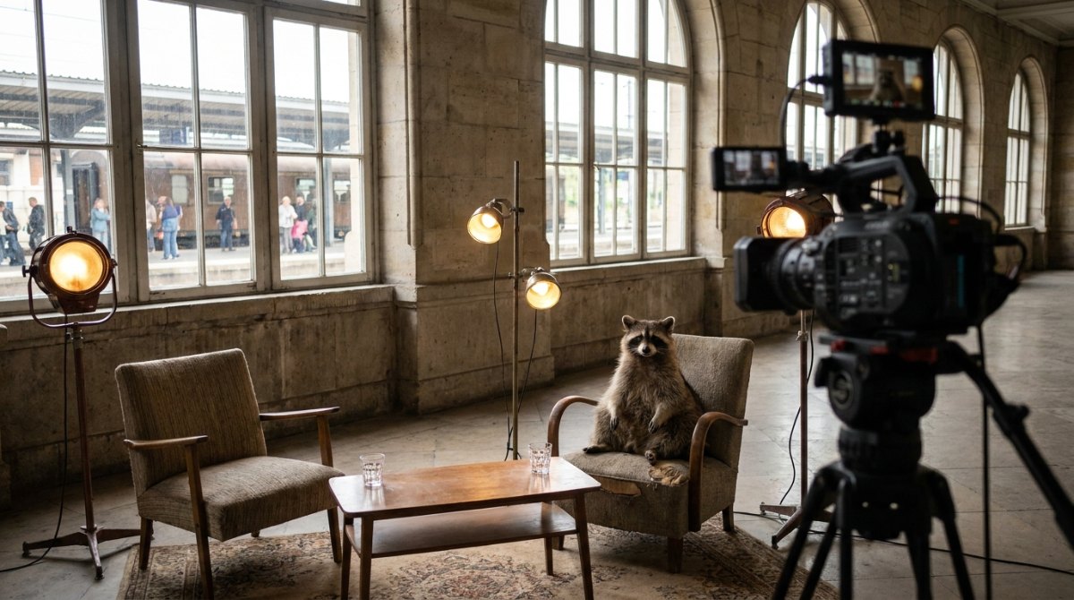 Waschbär im Sessel einer Talkshow im alten Bahnhofswartesaal – Streitfrage Triggerwarnung