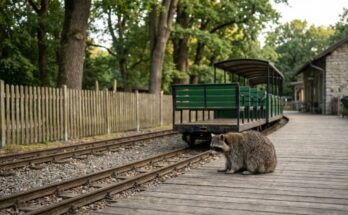 Typen von Slammern: ein Waschbär sitzt auf dem Holzbahnsteig einer kleinen Parkeisenbahn am Zoo neben einem offenen grünen Wagen