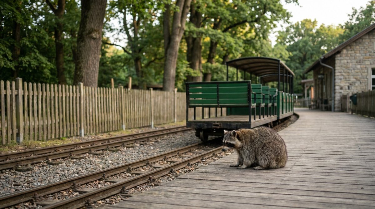 Typen von Slammern: ein Waschbär sitzt auf dem Holzbahnsteig einer kleinen Parkeisenbahn am Zoo neben einem offenen grünen Wagen