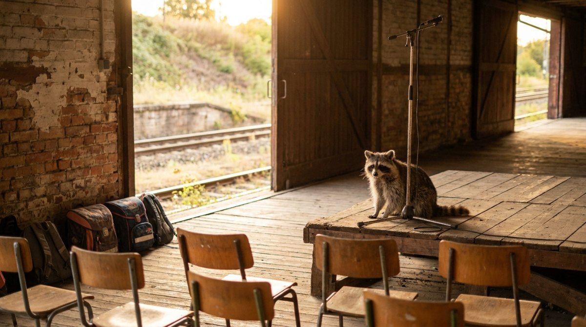 Waschbär auf der kleinen Bühne im Jugendhaus im alten Güterschuppen – U20 Poetry Slam