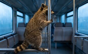 Waschbär an der abgegriffenen Haltestange einer leeren Regionalbahn im Morgengrauen – über Alltag schreiben