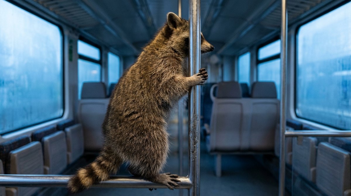 Waschbär an der abgegriffenen Haltestange einer leeren Regionalbahn im Morgengrauen – über Alltag schreiben