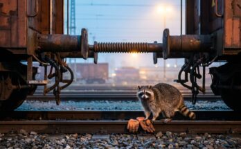 Waschbär an der Kupplung zweier Güterwagen neben Arbeitshandschuhen – über Arbeit schreiben