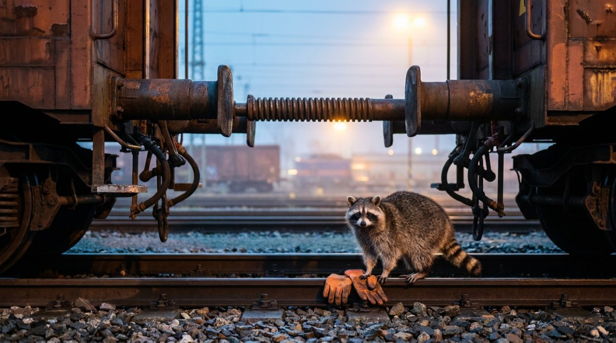 Waschbär an der Kupplung zweier Güterwagen neben Arbeitshandschuhen – über Arbeit schreiben