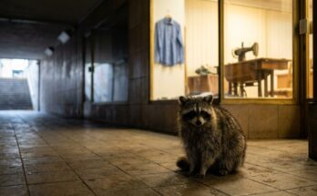 Waschbär vor dem Fenster einer Änderungsschneiderei im Bahnhofstunnel mit blauem Hemd – über den Körper schreiben