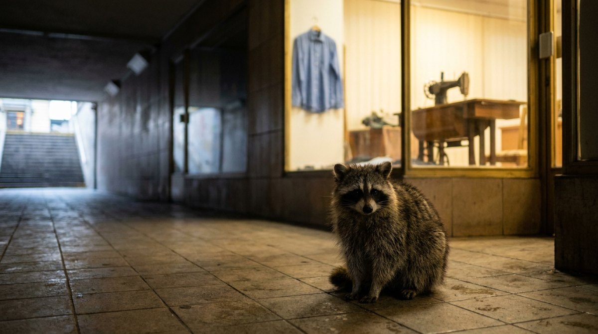 Waschbär vor dem Fenster einer Änderungsschneiderei im Bahnhofstunnel mit blauem Hemd – über den Körper schreiben