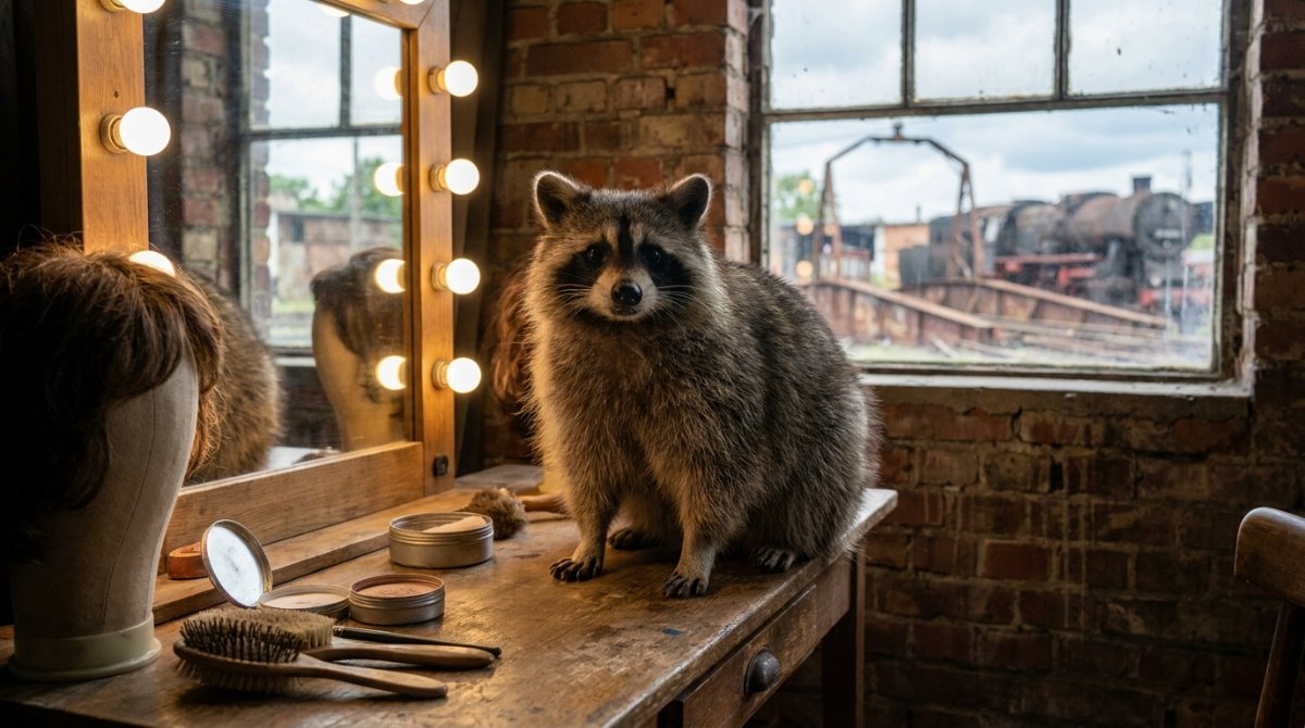 Waschbär am Schminktisch der Theatermaske im alten Lokschuppen – über echte Personen schreiben und verfremden