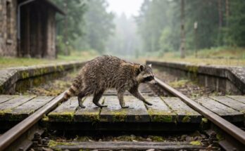 Übergänge im Text: ein Waschbär läuft über einen hölzernen Übergang zwischen den Gleisen eines kleinen Bahnhofs im Nebel