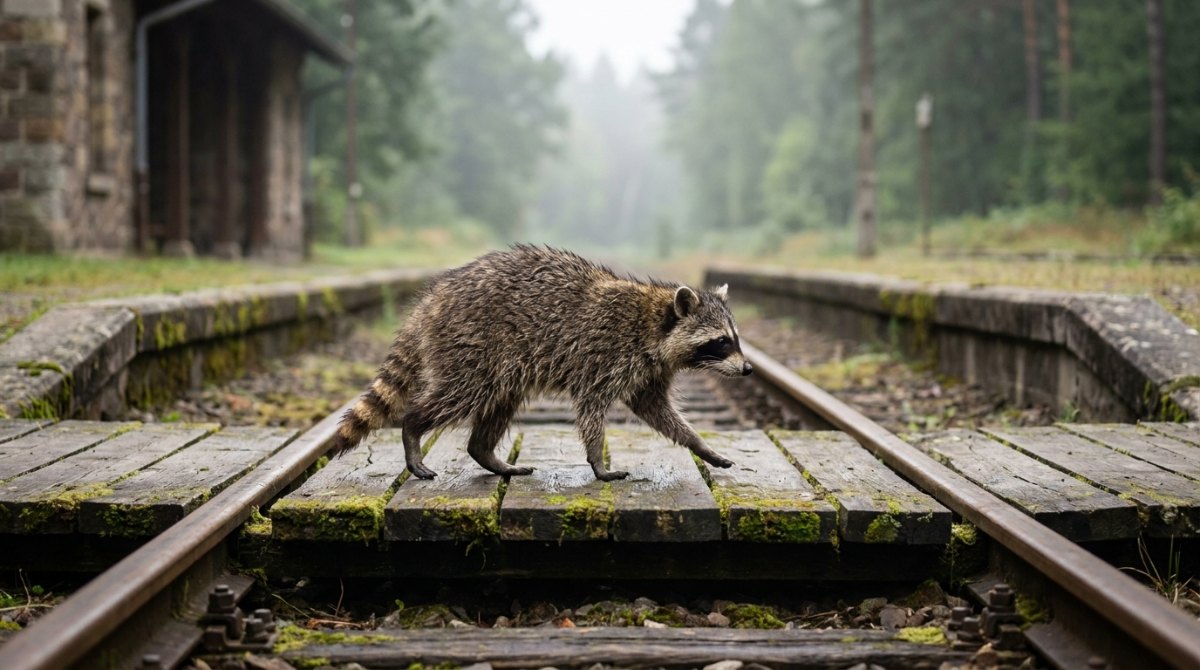 Übergänge im Text: ein Waschbär läuft über einen hölzernen Übergang zwischen den Gleisen eines kleinen Bahnhofs im Nebel