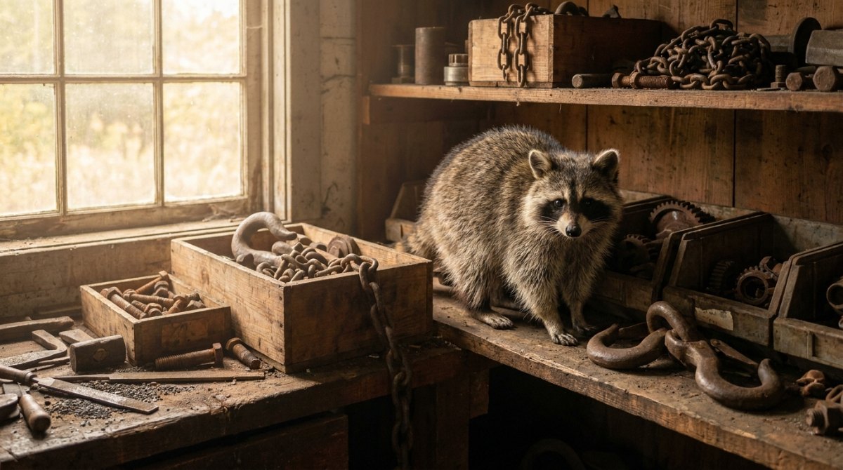 Ein Waschbär sitzt im Ersatzteillager einer alten Bahnwerkstatt zwischen Kupplungshaken und Ketten