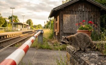 Waschbär am Bahnübergang neben einem vernagelten Schrankenwärterhäuschen mit Geranien – über Heimat schreiben mit Riss im Bild