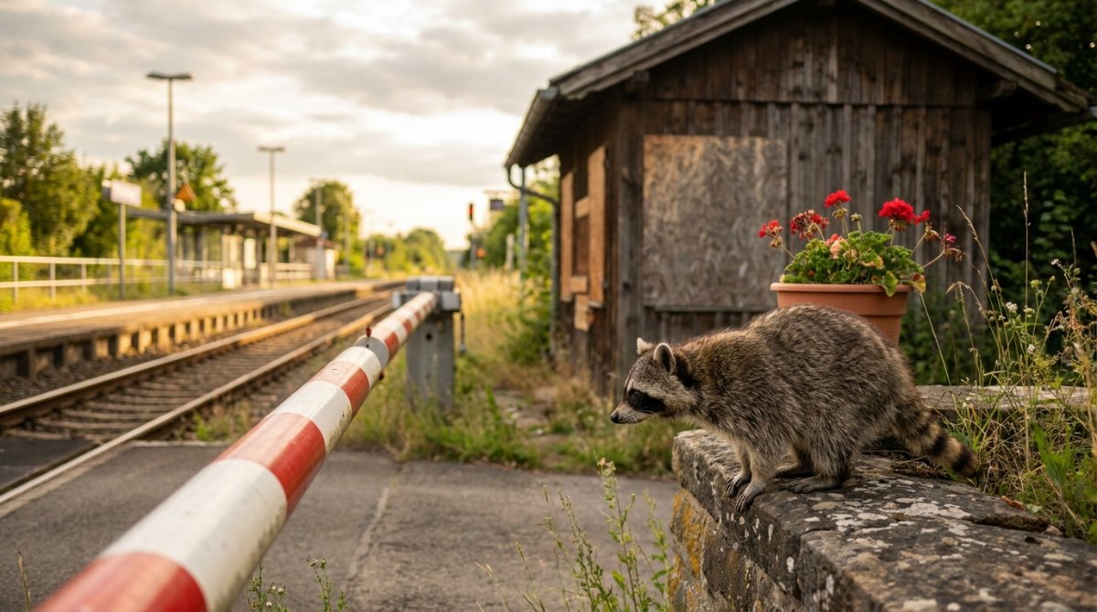 Waschbär am Bahnübergang neben einem vernagelten Schrankenwärterhäuschen mit Geranien – über Heimat schreiben mit Riss im Bild