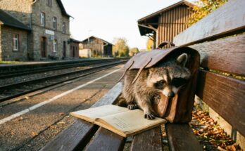 Über Kindheit schreiben: Ein Waschbär sitzt in einer alten Schultasche auf einer Bahnhofsbank