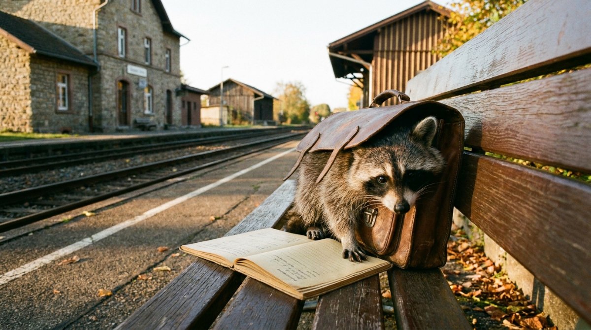 Über Kindheit schreiben: Ein Waschbär sitzt in einer alten Schultasche auf einer Bahnhofsbank