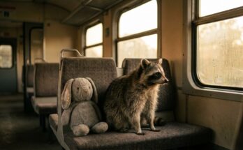 Über verlorene Dinge schreiben: Waschbär neben einem vergessenen Stoffhasen im Regionalzug