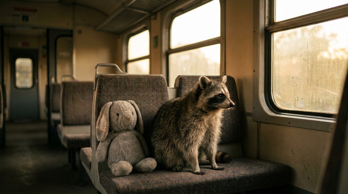 Über verlorene Dinge schreiben: Waschbär neben einem vergessenen Stoffhasen im Regionalzug