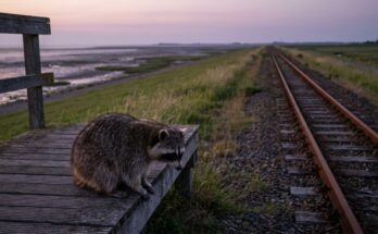 Waschbär auf einem Holzbahnsteig am Deich bei Ebbe in der Dämmerung – über Verlust schreiben