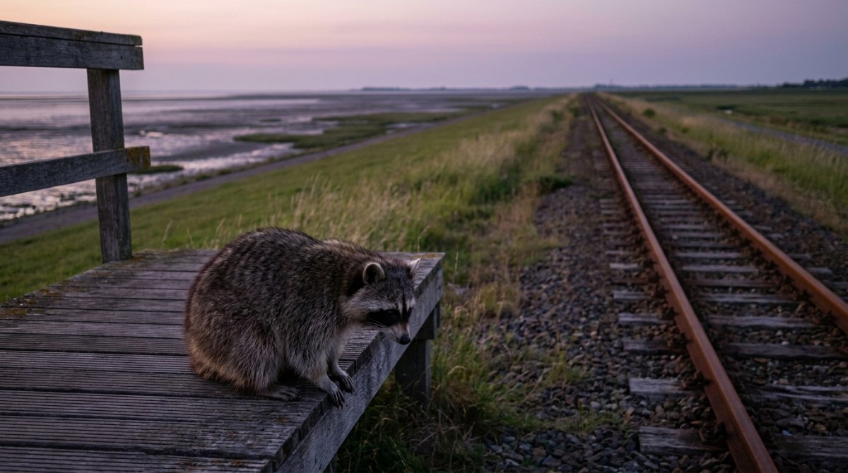 Waschbär auf einem Holzbahnsteig am Deich bei Ebbe in der Dämmerung – über Verlust schreiben