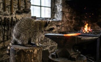Über Wut schreiben: Ein Waschbär sitzt in einer Schmiede neben dem Amboss, im Feuer glüht Eisen